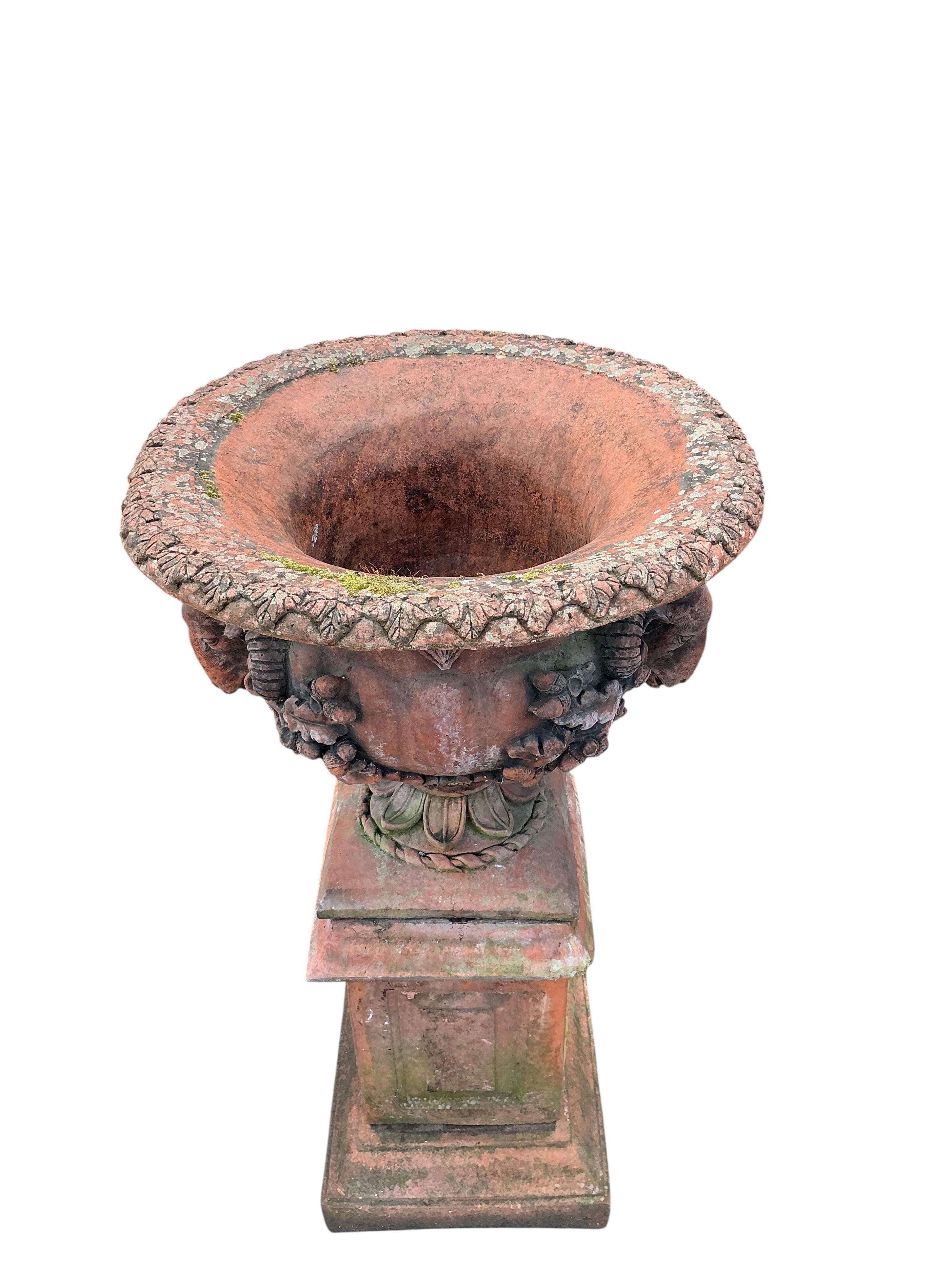 A pair of terracotta ram's head circular garden urns, on square pedestal bases, diameter 52cm, height 98cm